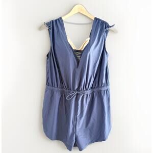 Cacique Blue Women's Swim Romper with Cream Bikini Peek